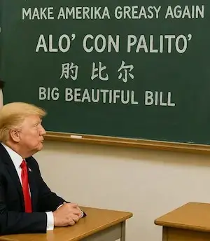 Satirical classroom image of a blond politician seated at a desk facing a chalkboard that reads Make Amerika Greasy Again, Alo con Palito, Chinese characters, and Big Beautiful Bill.