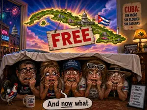 Political satire image showing frightened Cuban Americans hiding under a bed as a bright map of Cuba labeled FREE appears in the background.