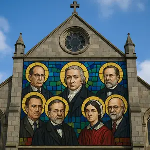 Church facade with a stained glass-style mural showing six haloed historical figures beneath a cross.