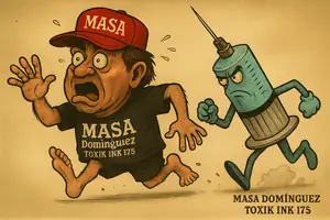 Cartoon illustration of a frightened barefoot man in a red MASA cap and black T-shirt running from an angry anthropomorphic syringe on a beige background.