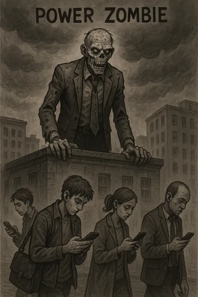 Power zombie watching over a multitude glued to their phones.