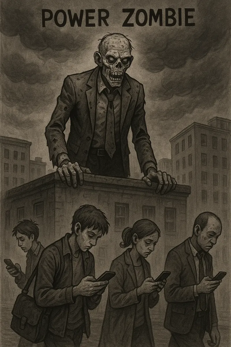Power zombie watching over a multitude glued to the phones.